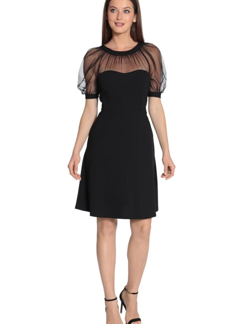 Maggy London Lyra illusion fit flare dress sheer black stretch shift puff new 4